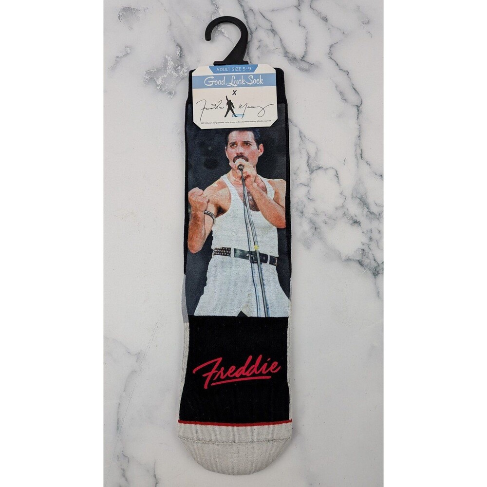 Freddie Mercury Graphic Crew Socks - Black & Gray Women's Size 5-9